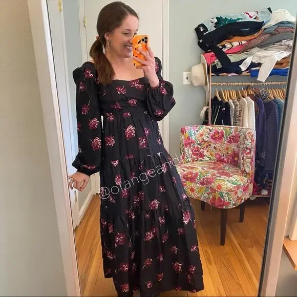 NICHOLAS Black Pink Floral Square Neck Long Balloon Sleeve Silk Maxi Dress 6 - Picture 6 of 14